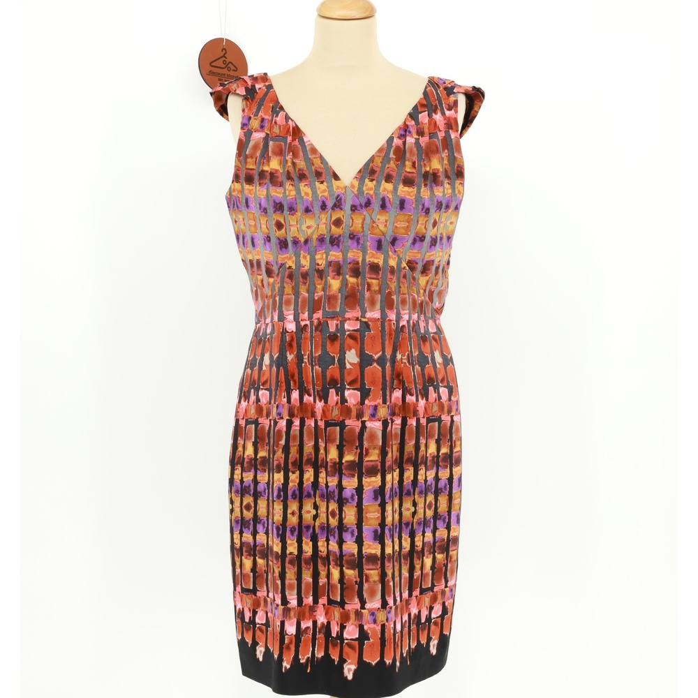 W‎ by Worth Womens Abstract Geometric 100% Silk Sheath Dress Size 8 V Neck